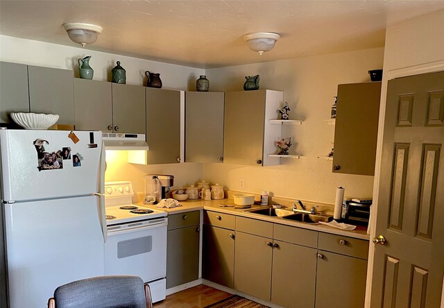 kitchen featuring under cabinet range hood, open shelves, a sink, white appliances, and light countertops