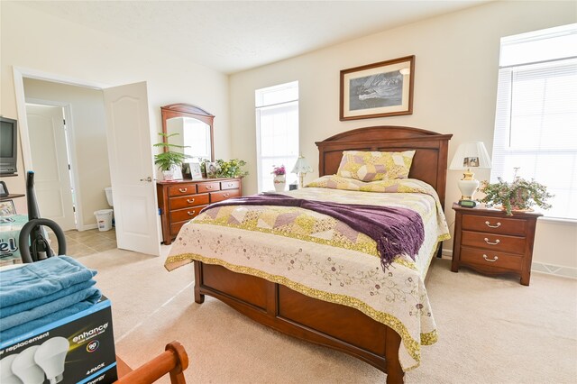 bedroom with light colored carpet