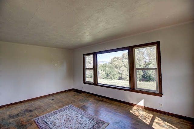 empty room featuring ornamental molding, hardwood / wood-style flooring, a textured ceiling, and a healthy amount of sunlight