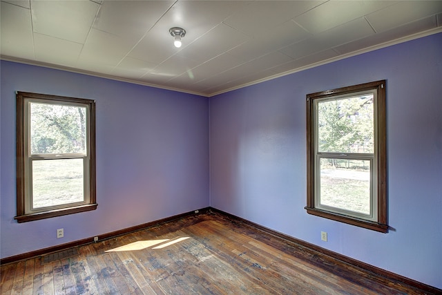 empty room featuring dark wood-type flooring and ornamental molding