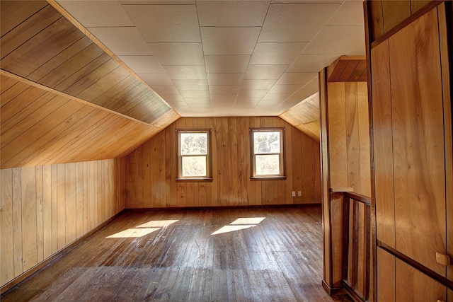 additional living space with lofted ceiling, wood walls, and hardwood / wood-style flooring