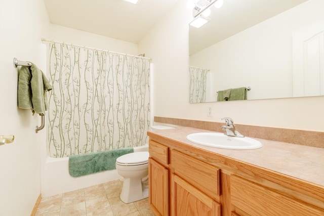 bathroom featuring vanity, shower / tub combo, toilet, and tile patterned flooring