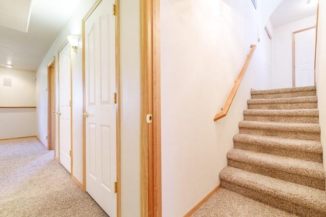 staircase with baseboards and carpet floors