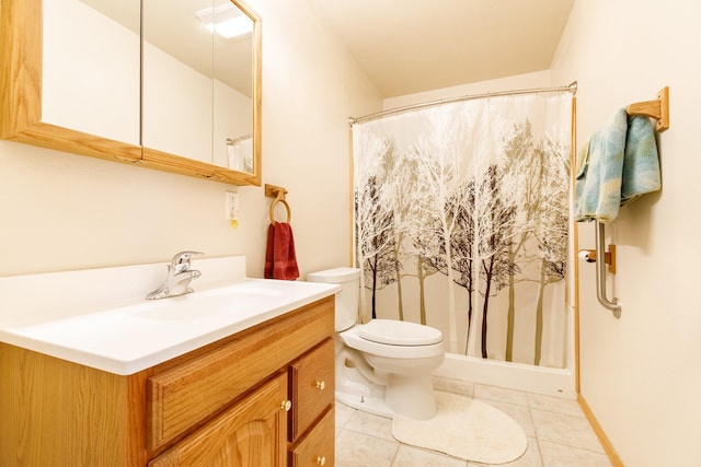 bathroom with tile patterned flooring, curtained shower, toilet, and vanity