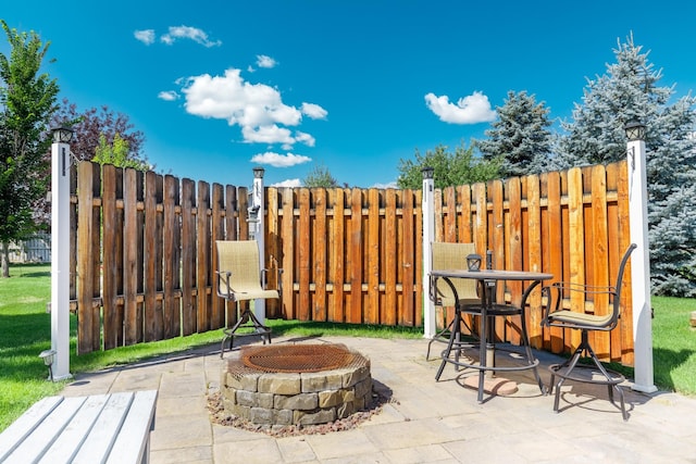 view of patio / terrace featuring an outdoor fire pit and fence