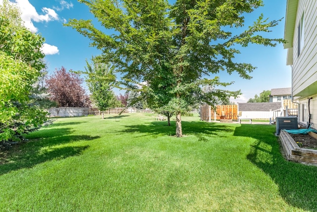 view of yard with central AC unit and a fenced backyard