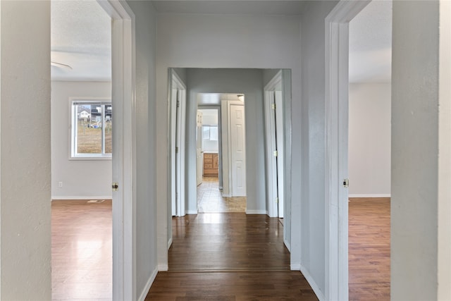 hall featuring a textured ceiling and dark hardwood / wood-style floors