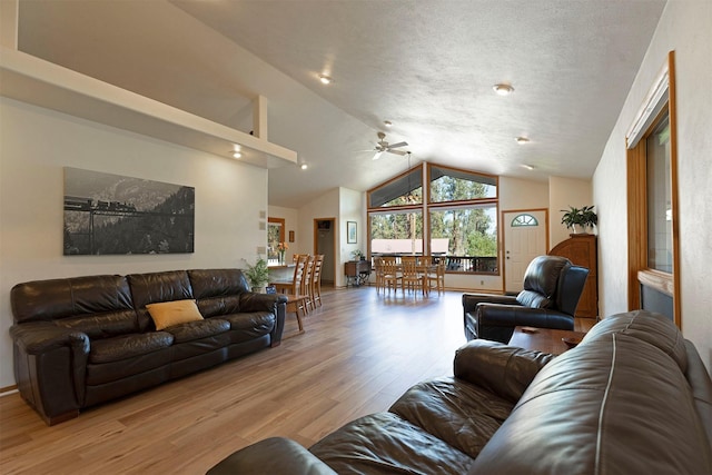 living area with lofted ceiling, light wood-style floors, and a textured ceiling