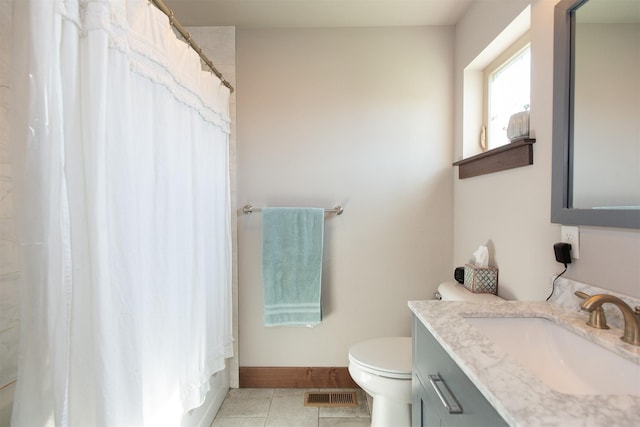 bathroom with toilet, tile patterned floors, and vanity