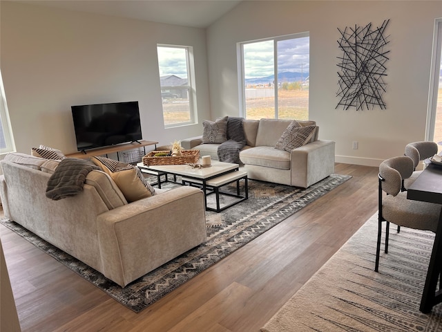 living room with dark wood-type flooring and vaulted ceiling