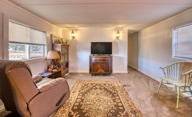 carpeted living area with visible vents and baseboards