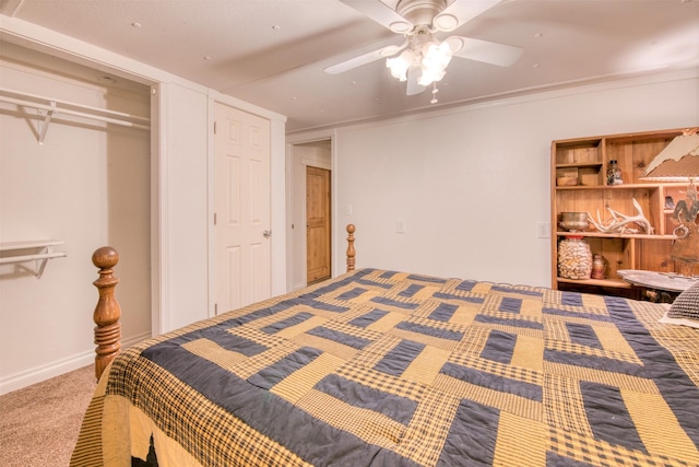 bedroom featuring a ceiling fan, carpet, and baseboards