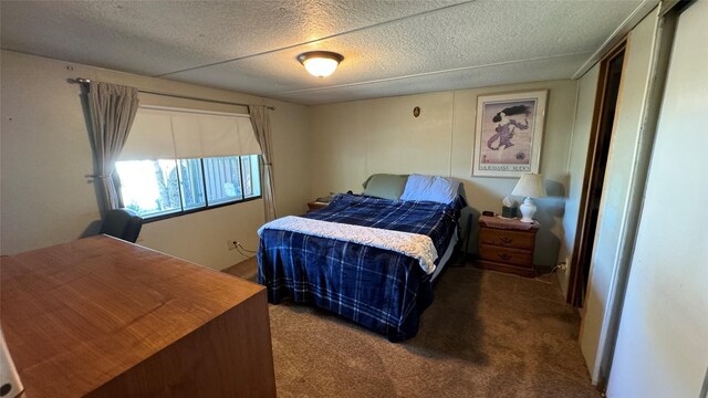 carpeted bedroom with a textured ceiling