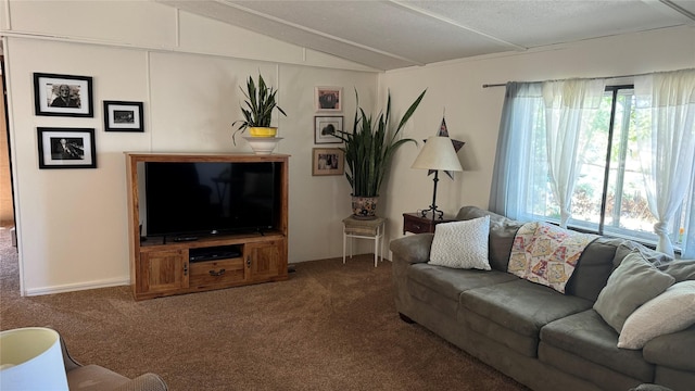 living area with vaulted ceiling and carpet flooring