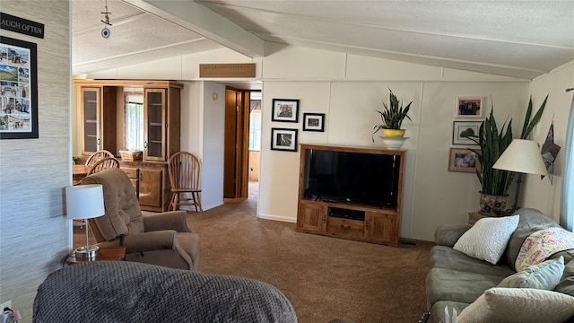 carpeted living room with a textured ceiling and vaulted ceiling