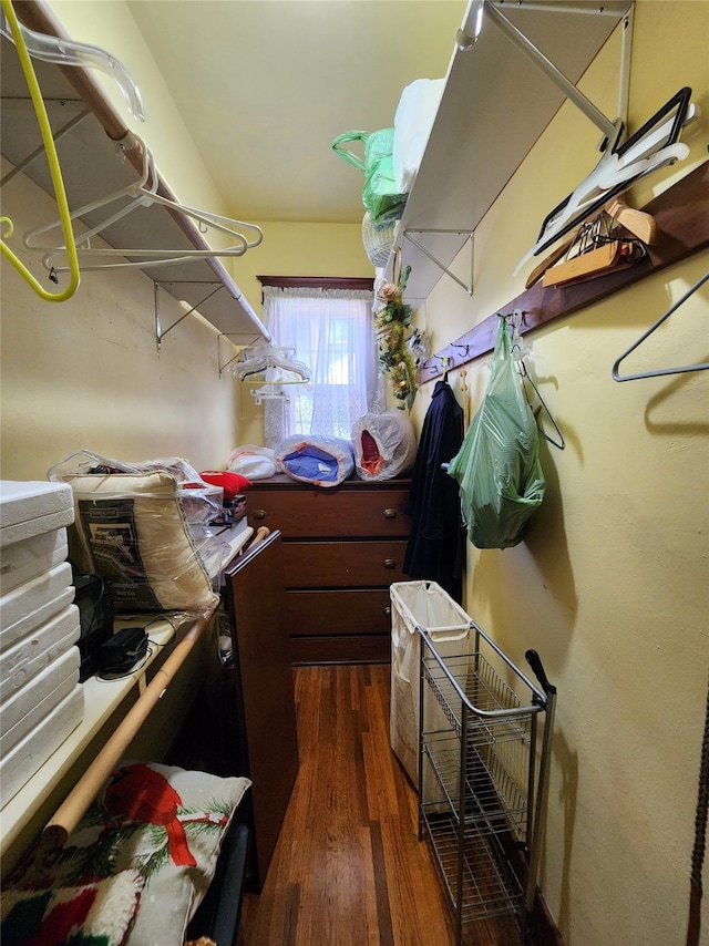 walk in closet with dark wood-type flooring