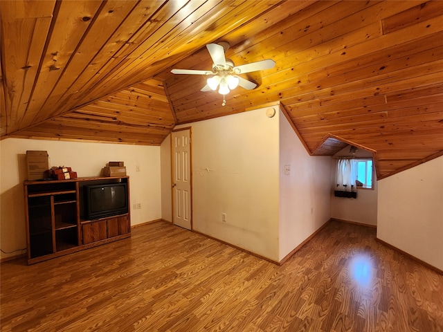 bonus room with hardwood / wood-style flooring, vaulted ceiling, ceiling fan, and wooden ceiling