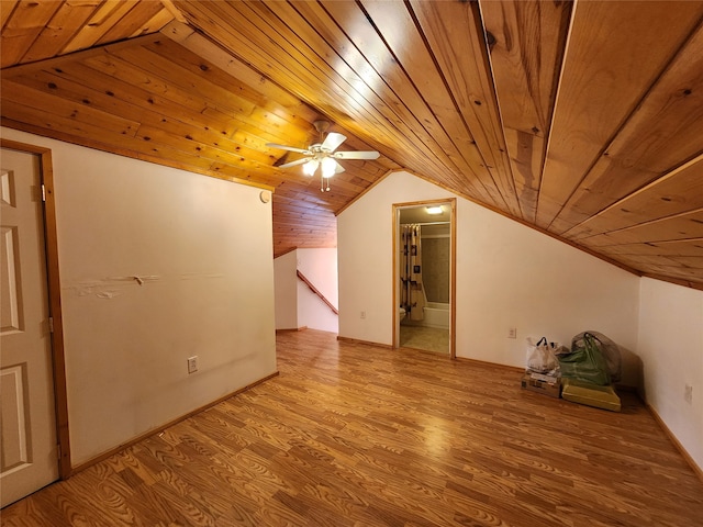 additional living space with ceiling fan, wooden ceiling, lofted ceiling, and wood-type flooring