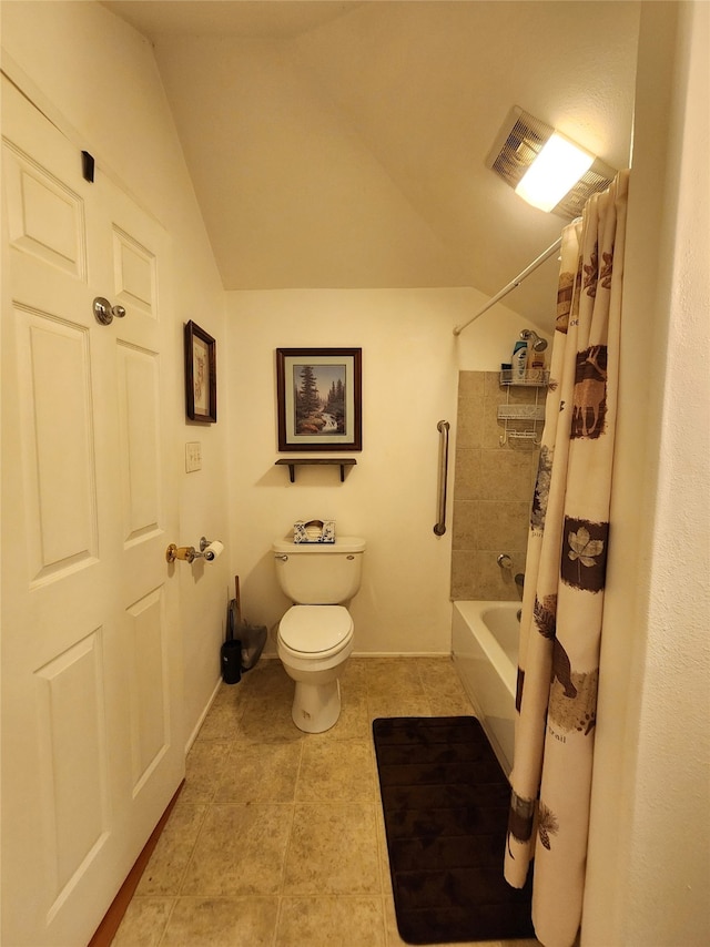 bathroom featuring shower / tub combo, tile patterned floors, toilet, and lofted ceiling