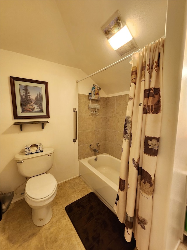 bathroom with tile patterned flooring, shower / bath combination with curtain, and toilet