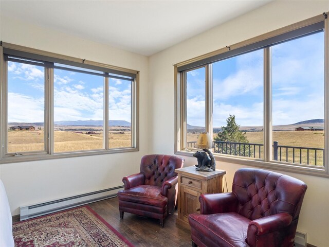 sitting room featuring a baseboard heating unit, dark hardwood / wood-style flooring, and a healthy amount of sunlight