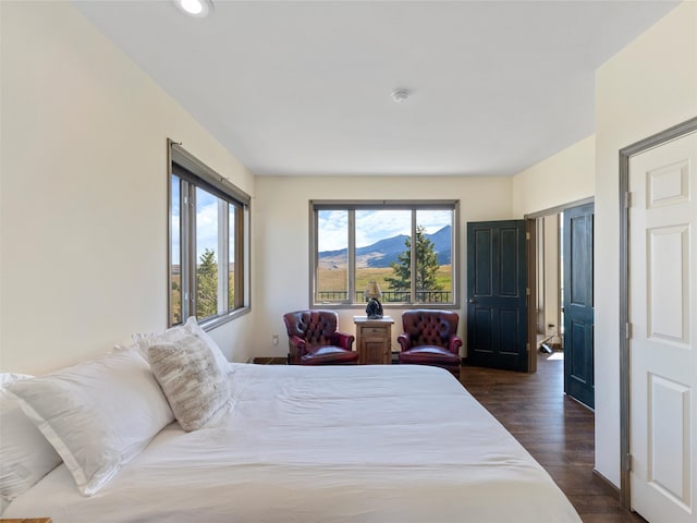 bedroom with a mountain view and dark hardwood / wood-style flooring