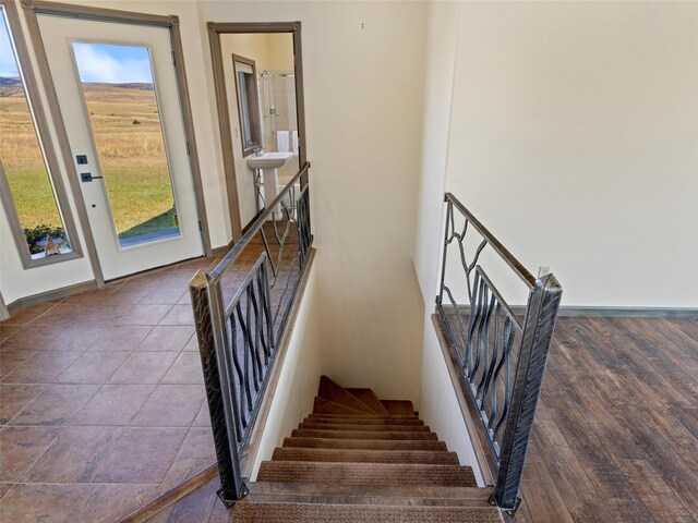 staircase with hardwood / wood-style floors