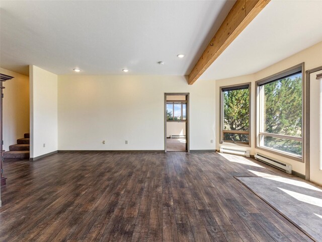 interior space with a baseboard radiator, beam ceiling, and hardwood / wood-style flooring