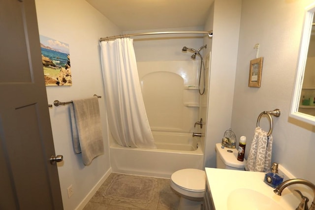 full bath with shower / tub combo, vanity, toilet, and tile patterned floors