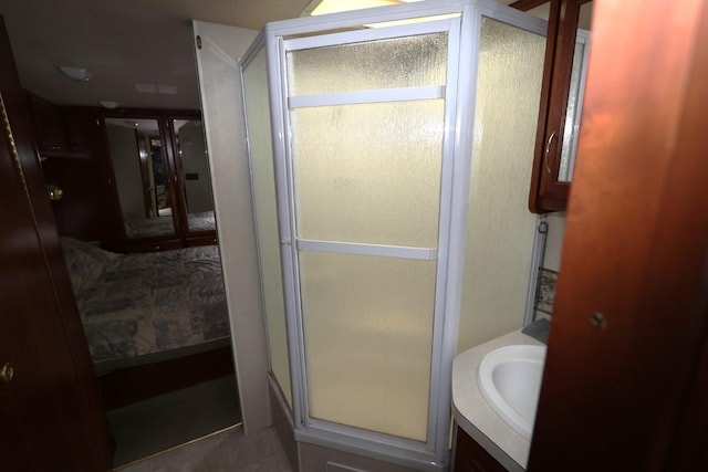 bathroom with a shower stall and vanity