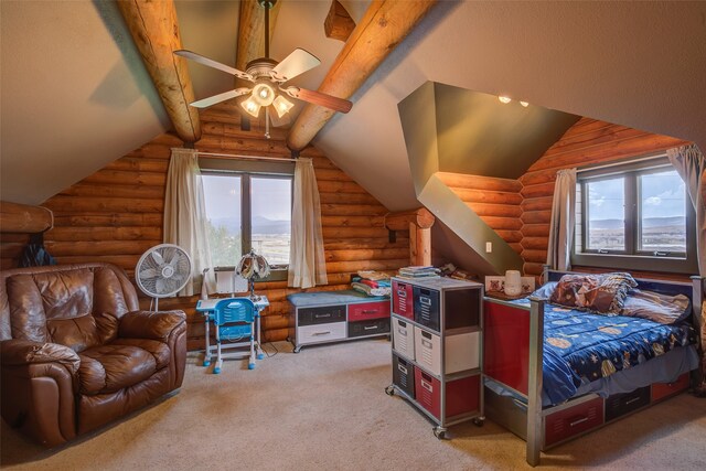 carpeted bedroom featuring rustic walls, ceiling fan, and vaulted ceiling with beams