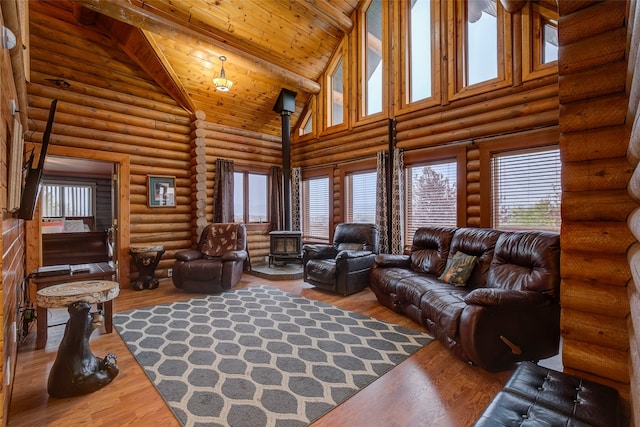 living room featuring wood ceiling, high vaulted ceiling, wood-type flooring, and a wood stove