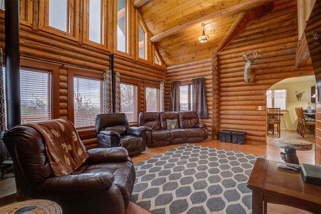 living room featuring rustic walls, high vaulted ceiling, wood ceiling, and wood-type flooring