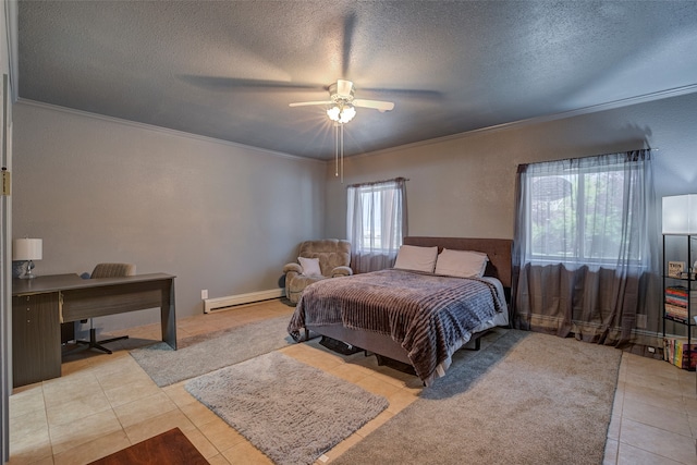 tiled bedroom with baseboard heating, crown molding, ceiling fan, and a textured ceiling