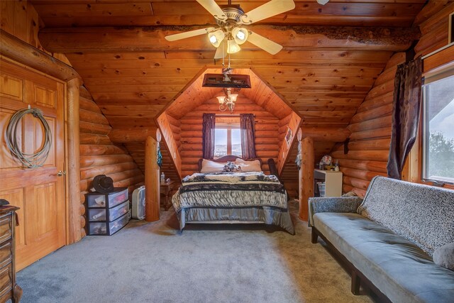 carpeted bedroom with wooden ceiling, vaulted ceiling, ceiling fan, and rustic walls