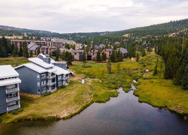 drone / aerial view featuring a water view