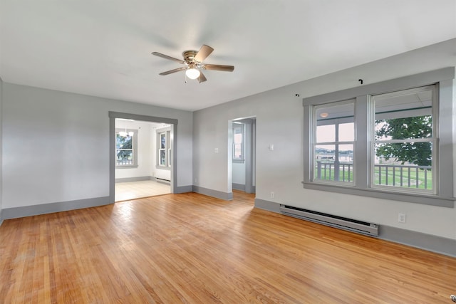 empty room with light hardwood / wood-style flooring, ceiling fan, and baseboard heating