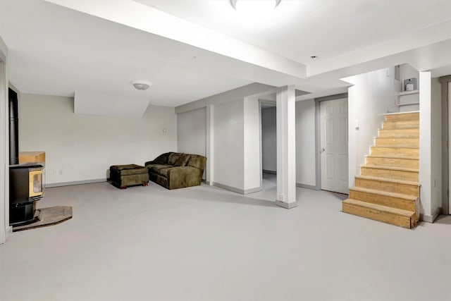 basement featuring a wood stove