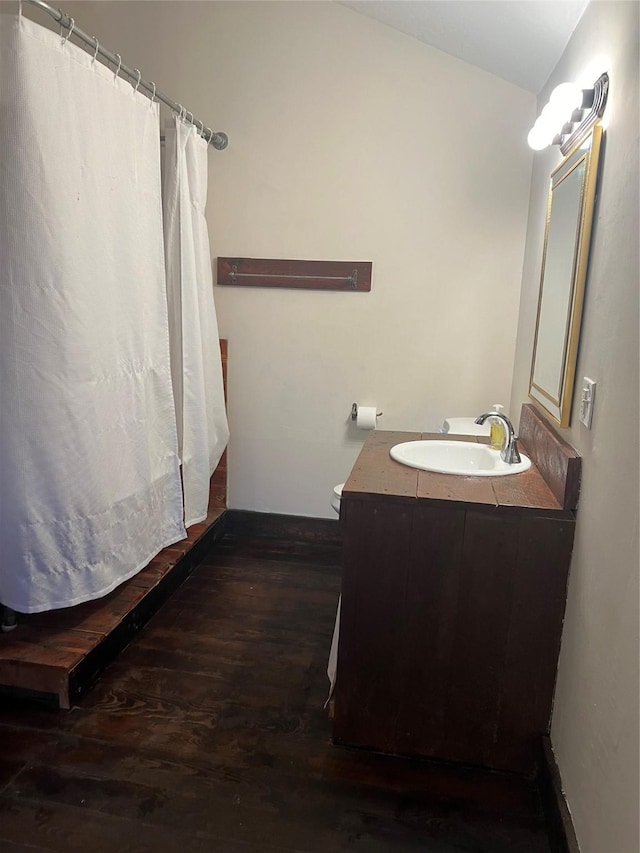 bathroom with hardwood / wood-style flooring and vanity