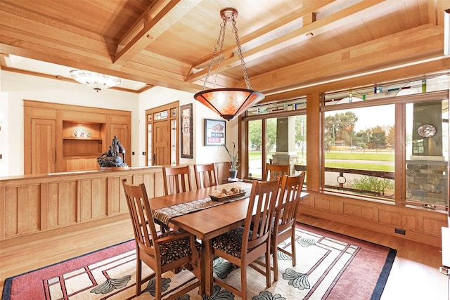 dining room featuring wooden ceiling, wood finished floors, and beam ceiling