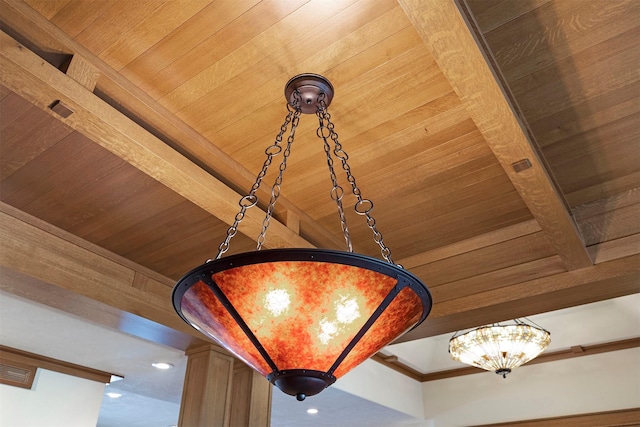 room details featuring beam ceiling and wooden ceiling