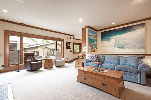 carpeted living room featuring ornamental molding, recessed lighting, and baseboards