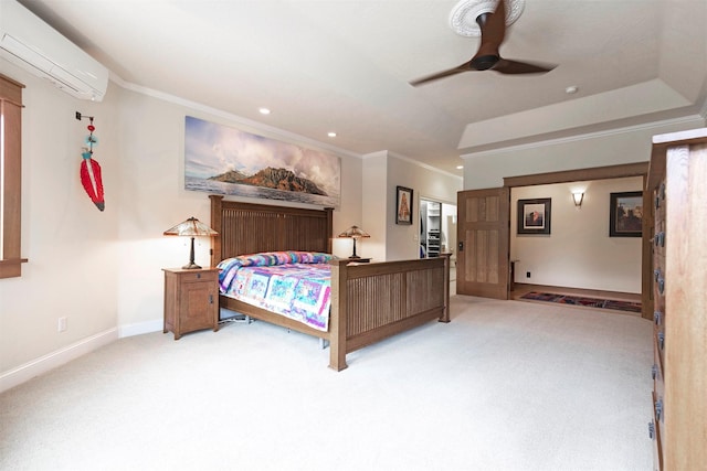 bedroom featuring ornamental molding, a wall mounted AC, carpet flooring, and baseboards