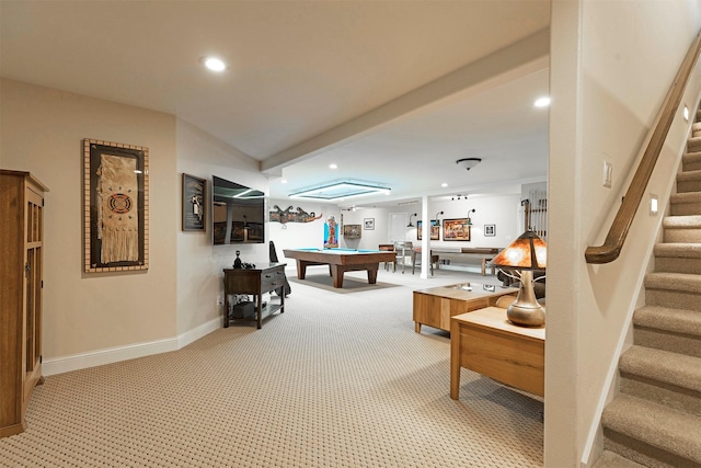 living room with stairs, recessed lighting, baseboards, and light colored carpet