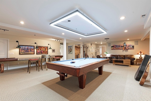 recreation room with light carpet, pool table, visible vents, and recessed lighting