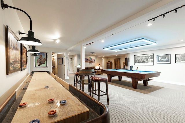 rec room with carpet, billiards, and baseboards