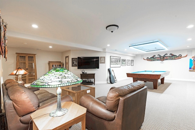 game room with carpet, billiards, and recessed lighting