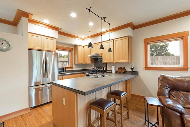 kitchen featuring dark countertops, appliances with stainless steel finishes, light brown cabinets, a sink, and under cabinet range hood