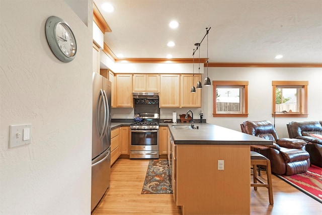 kitchen with a breakfast bar, stainless steel appliances, open floor plan, light brown cabinets, and a peninsula