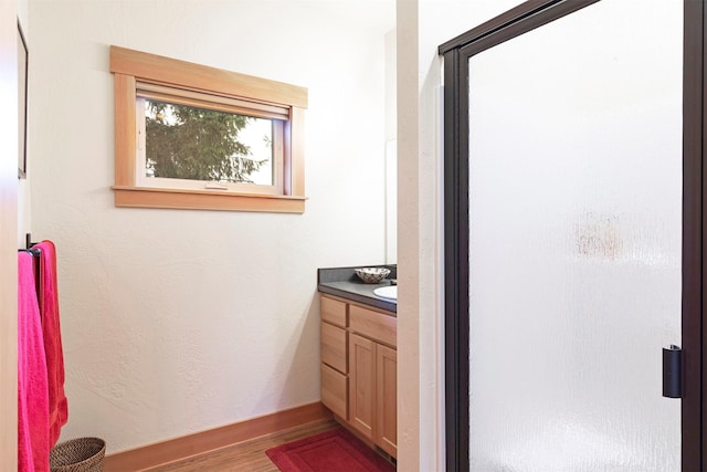 bathroom with baseboards, wood finished floors, and vanity